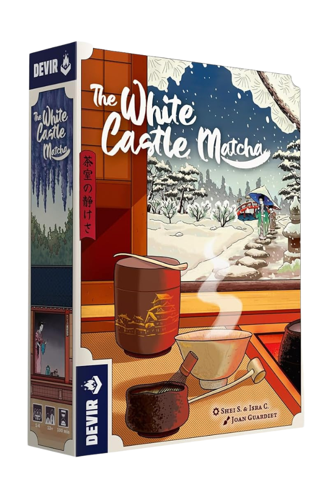 The White Castle Matcha board game box by Devir, featuring illustrated artwork of a snowy winter scene viewed from inside a wooden room with matcha tea containers in the foreground.