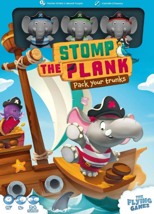 Game box for 'Stomp the Plank' with cartoon characters on a boat and shipwreck background.