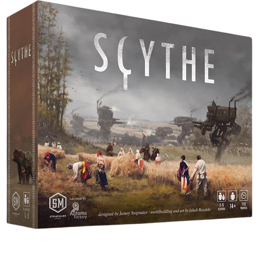 The board game box for 'Scythe' is shown at a three-quarter angle against a white background. The box art features a detailed, desaturated illustration of a post-apocalyptic agricultural landscape with giant mechanical harvesters and workers harvesting wheat.