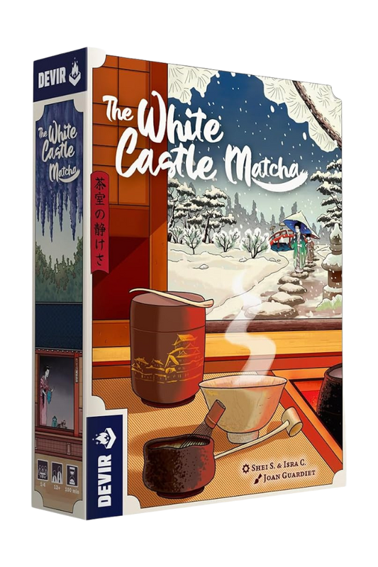 The White Castle Matcha board game box by Devir, featuring illustrated artwork of a snowy winter scene viewed from inside a wooden room with matcha tea containers in the foreground.