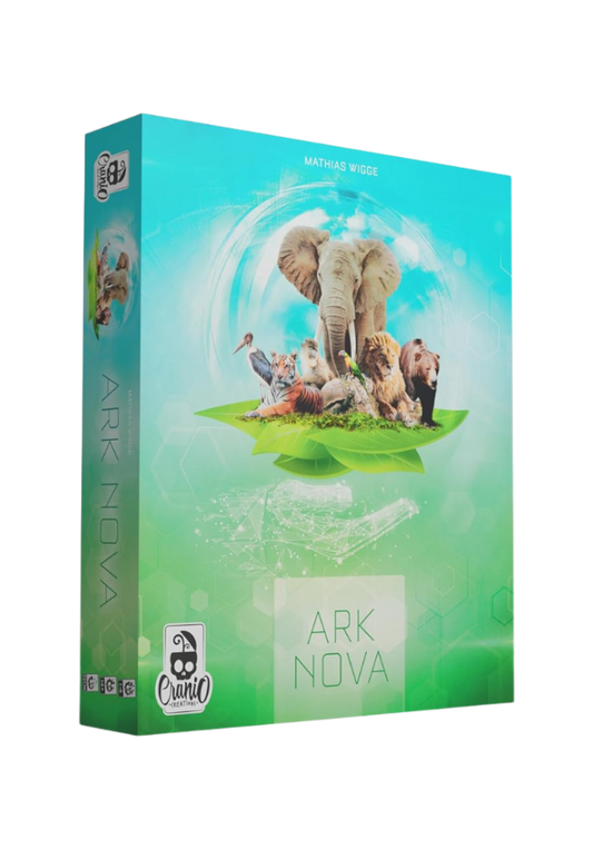 Ark Nova board game box by Mathias Wige, featuring a vibrant green and blue design with an elephant, lion, tiger, and other animals sitting on a leaf, with the Cranium Games logo at the bottom.
